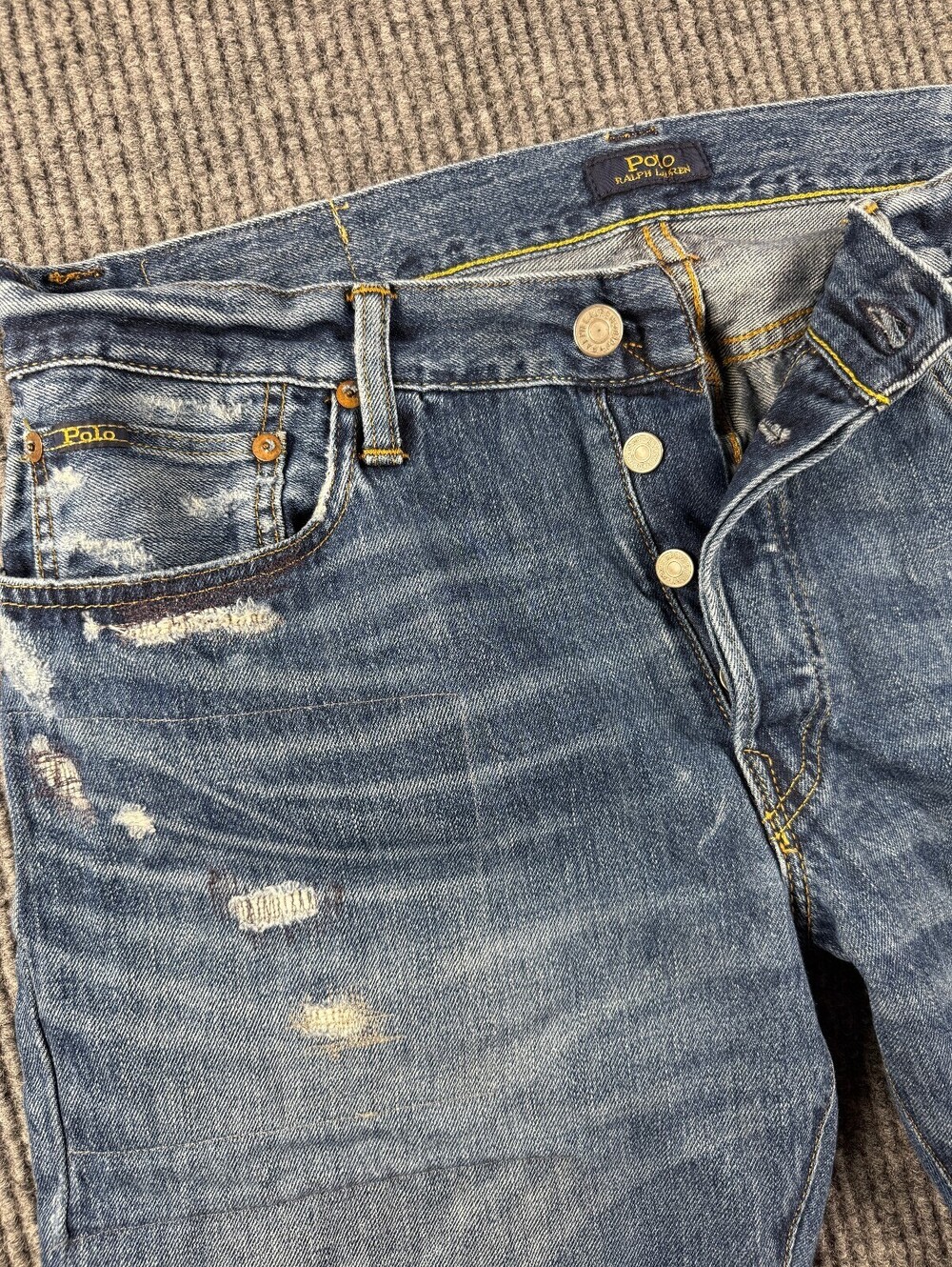 Polo Ralph Lauren Varick Slim Straight Distressed Repaired Mens 32x30 blue jeans